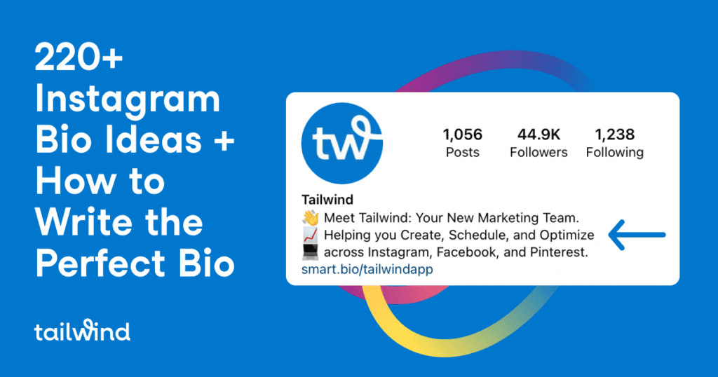 Screenshot of Tailwind's Instagram bio on a blue background with the title of the blog post and Tailwind in white font.